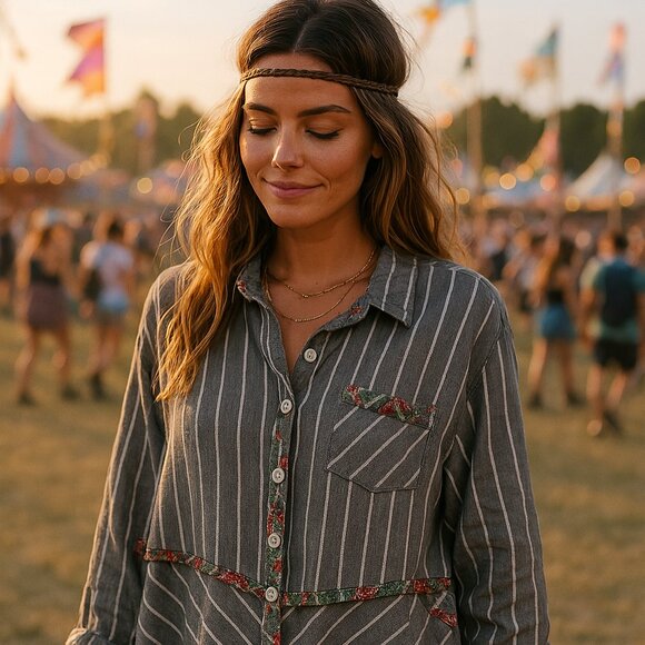 John Mark Boho Patchwork Button Down Shirt L Artsy Lagenlook Cottagecore Striped - Picture 2 of 7